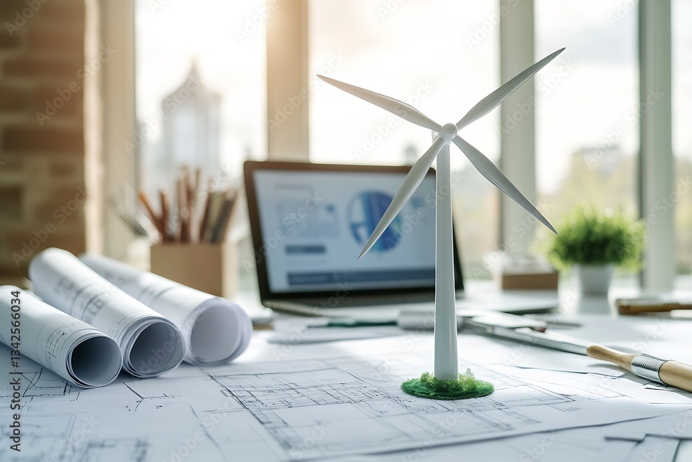 Poster bright desk area with architectural plans and wind turbine model representing clean energy solutions