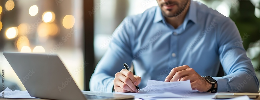 Poster professional man writing important documents at a modern desk with a laptop and warm light backgroun