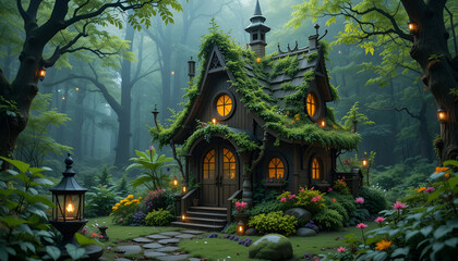 A charming fairy house made of natural materials, hidden in a vibrant forest, surrounded by greenery and blooming flowers.

