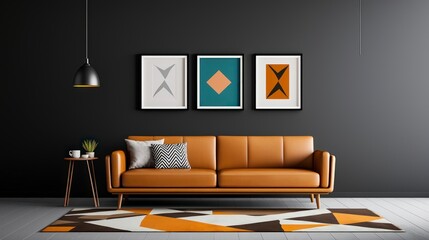Mid Century Modern Living Room Interior Design  Tan Leather Sofa  Geometric Rug  Abstract