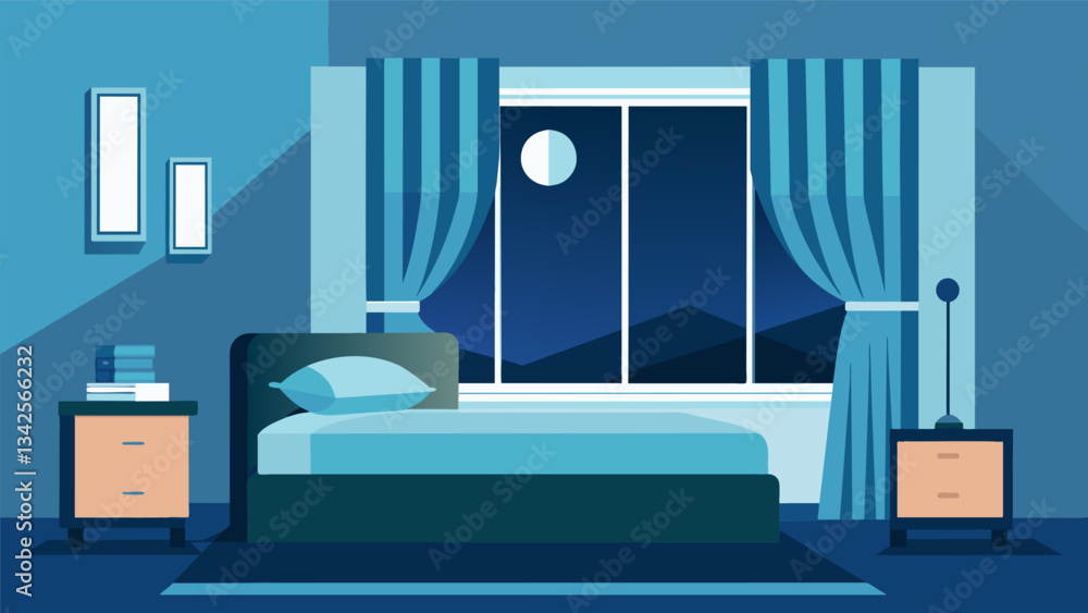 Poster A modern bedroom with blackout curtains and a white noise machine creating an ideal environment for deep uninterrupted sleep.. Vector illustration