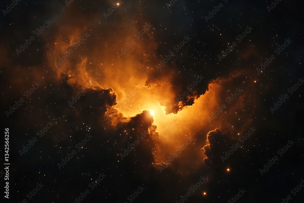 Poster beautiful close-up of vibrant orange light emerging from dark nebula clouds surrounded by countless 