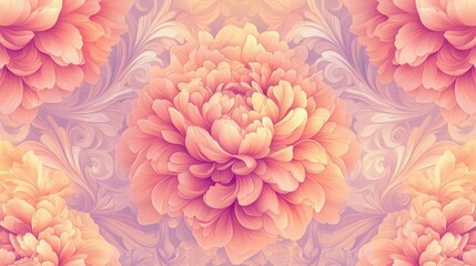 Naklejka premium Peach and Pink Flower Seamless Pattern with Ornate Damask Background