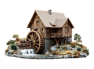 Rustic wooden watermill surrounded by rocks and greenery, peaceful scene