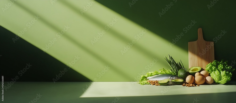 Poster brightly lit kitchen scene with fresh vegetables eggs and fish on counter with deep green background