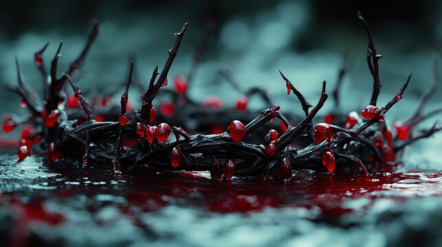 A crown woven from thorny vines, its branches adorned with ruby drops of blood, a symbol of sacrifice and pain.