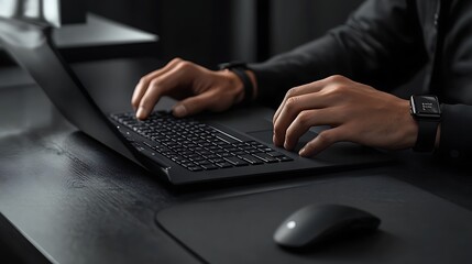 Person Working on Laptop at Rustic Wooden Desk, A person working on a laptop at a rustic wooden desk, wearing a smartwatch