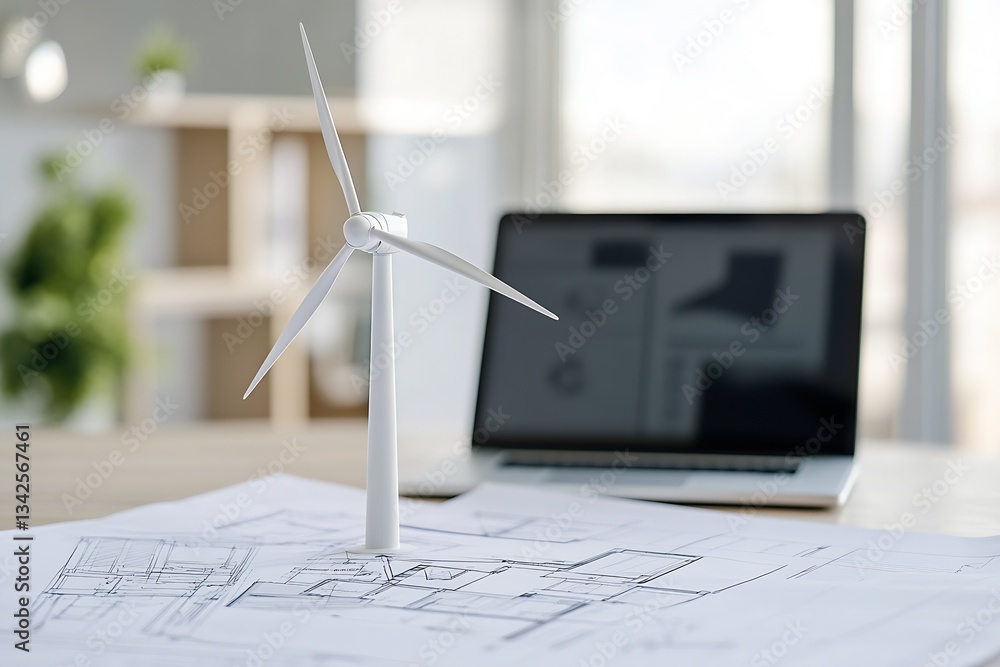 Poster detailed scale model of wind turbine on architectural blueprints with laptop in modern workspace : g