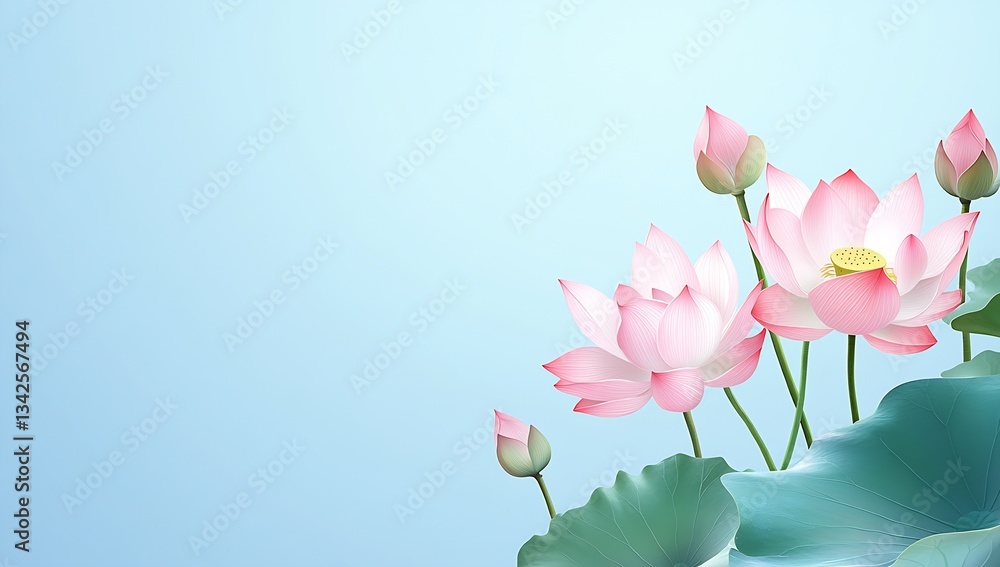 Poster stunning pink lotus flowers set against a soft blue background creating a peaceful ambiance for medi