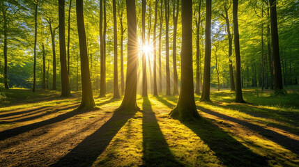 Obraz premium Sunny Forest with Tall, Straight Trees Casting Long Shadows, Featuring a Natural Forest Floor Space Perfect for Adding Promotional Text