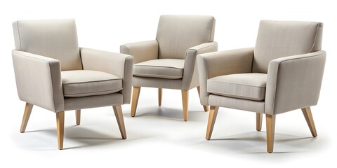 Set of three modern upholstered armchairs in neutral tones isolated on white background