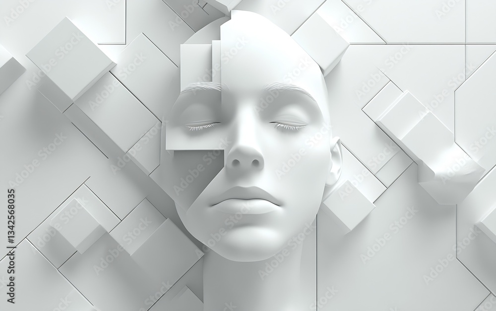 Leinwandbilder stunning minimalist sculpture of a serene face surrounded by geometric forms in a soft and modern de