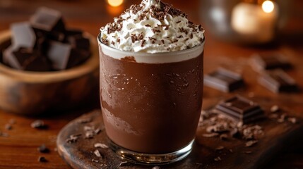 A rich, dark chocolate concoction, garnished with whipped cream and a chocolate shavings, promising a decadent experience.