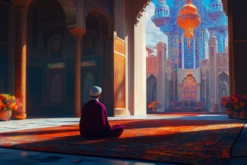 Meditative Arab Man in Mosque Contemplates Grand Architecture and Light