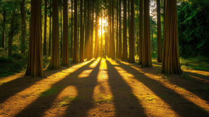 Fototapeta premium Sunny Forest with Tall, Straight Trees Casting Long Shadows, Featuring a Natural Forest Floor Space Perfect for Adding Promotional Text