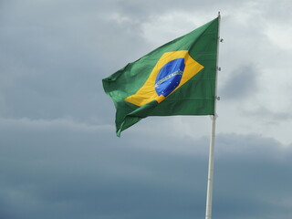 flag of brazil waving in the wind against blue sky
