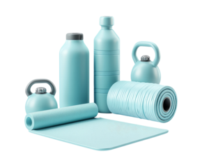 Assortment of Blue Fitness Equipment and Accessories on a White Background