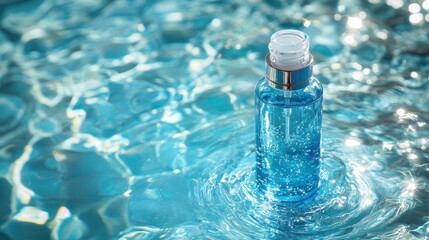 A sleek bottle of shimmering blue face serum, its glass form reflecting the azure depths of a tranquil pool.