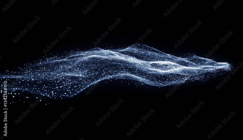 Poster Dynamic flow of shimmering blue particles creating an abstract wave effect against a dark backdrop : Generative AI