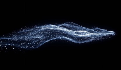 Dynamic flow of shimmering blue particles creating an abstract wave effect against a dark backdrop : Generative AI