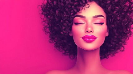 Obraz premium Serene Woman with Curly Hair and Makeup on Pink Background