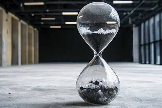 Towering hourglass filled with plastic waste instead of sand, emphasizing environmental time running out.