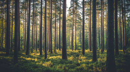 Fototapeta premium Summer Forest with Towering Trees Beneath a Bright Sky, Offering Natural Open Space Between Trees for Creative Additions and Visual Enhancement