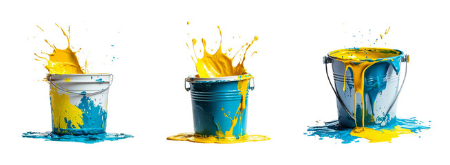 Colorful Paint Splashes and Buckets Creating Artistic Messy Scene