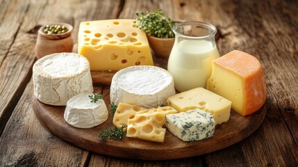 A vibrant tableau of dairy delights, showcasing a diverse array of cheeses, yogurts, and milk, each a testament to the wholesome goodness of nature is bounty.
