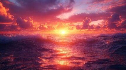 Obraz premium Fiery Sunset over Ocean Waves: A Vibrant Seascape