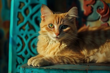 Tabby Cat Resting on Carved Teal Chair with Intricate Details and Striking Heterochromia Eyes