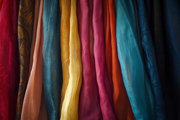 Colorful Textile Display: Assortment of Brightly Dyed and Textured Fabrics Hanging Vertically in a Clothing Market or Shop