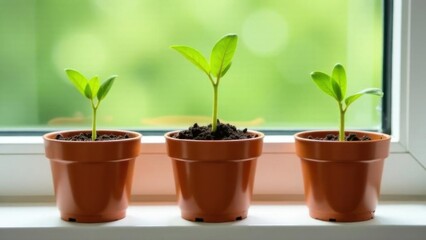 Young sprouts green plant in three pots on white windowsill. growing food at home. seedlings and home gardening. Copyspase