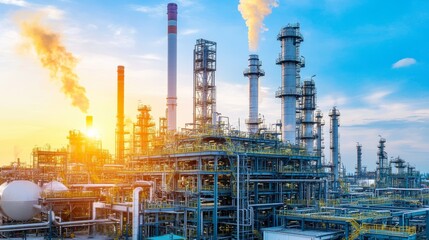 Fototapeta premium industrial factory, with smoke billowing from its chimneys and air pollution visible in the atmosphere - ai