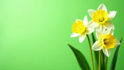 Spring greeting card. White yellow tulip daffodil bouquet on green background. Easter and spring . Woman day concept. Copyspace for text
