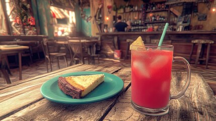 Slice Of Cake And Red Tropical Drink On Wooden Table In Rustic Cafe
