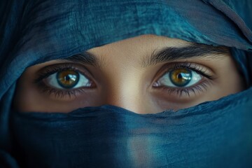 Naklejka premium Arab Woman's Intense Gaze from Behind Teal Veil, Expressive Eyes and Detailed Eyelashes, Close-up Studio Portrait