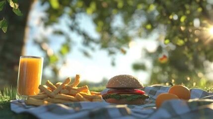 Summer Picnic Delicious Burger, Fries, and Refreshing Juice on Green Grassy Field  At Park Lunchtime Picnic Set Up On A Picnic Blanket Under Sunlight And Calm Atmosphere  Outdoor Scene of Nature
