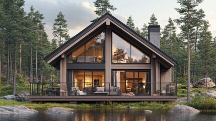 Modern A-Frame Cabin by Lake at Sunset