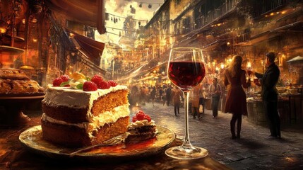 Strawberry Dessert and Wine at a Romantic Night Market Spotting Cobblestone Streets Under Warm Lighting and a Whimsical Atmosphere. A Sweet Treat for a Romantic Date. Delicious Gourmet Food at a
