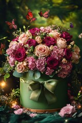 Fototapeta premium A bouquet of flowers in a green vase with a bow