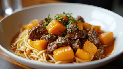 A symphony of autumnal flavors: vibrant orange pumpkin nestled among tender beef strips, simmered in a rich tomato sauce, all intertwined with delicate strands of spaghetti, a culinary masterpiece.