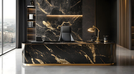Luxury Home Office Interior with Black and Gold Marble Desk and City View