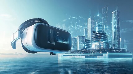 Fototapeta premium Virtual Reality Headset and Futuristic Cityscape at Sunset and Seascape with City Skyline at Night with Lights and Colors Blue Grey and White Abstract Digital Art Concept Illustration Graphics 3D