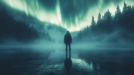 Fototapeta premium Smi joik singer performing in a forest clearing their voice blending with the sounds of nature the scene illuminated by the soft glow of the aurora borealis captured with a prime lens
