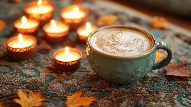 A cozy haven of autumn hues, a steaming mug of coffee nestled amongst warm candle flames, casting an inviting glow upon the scene.