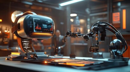 Virtual Reality Headset and Robotic Arm in a Dark Industrial Setting In A Workshop. High Tech Automation Tools. Futuristic Design. Cyberpunk Aesthetic. Advanced Robotic Arm.  Immersive Virtual