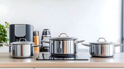 A collection of modern connected kitchen appliances and cookware on a minimalist counter enabling efficient and convenient cooking through smart technology