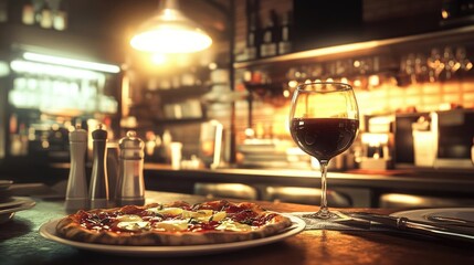 Fototapeta premium Warm Lit Restaurant Scene Pizza and Red Wine on Wooden Table Spotlights The Dishes And Ambiance Of A Dinner Venue. The Perfect Setting For Appetizers And Drinks. A Delicious Meal. Cozy Setting