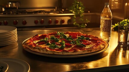 Warm Pepperoni Pizza with Fresh Basil on a Metal Surface